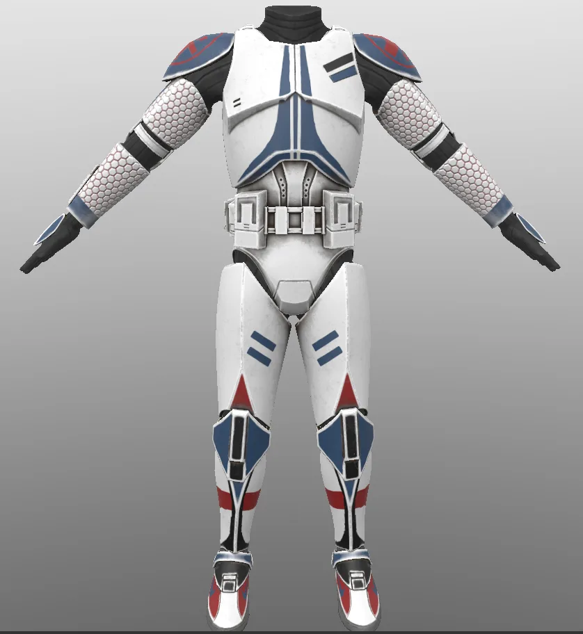 A full-body 3D render of a clone trooper armor suit, white with blue and red markings, standing with arms outstretched…