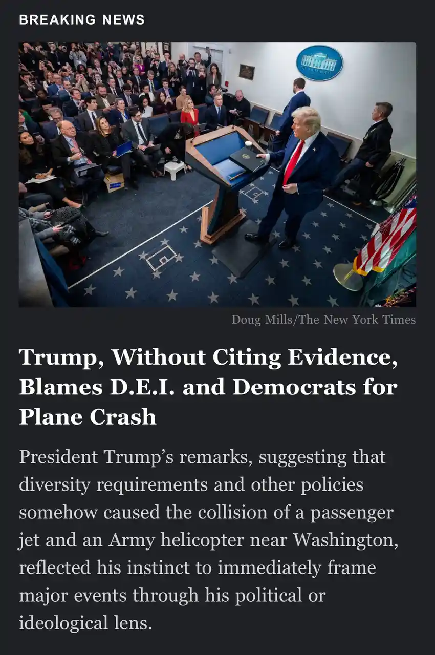 A photo shows Donald Trump at a White House press briefing podium, gesturing toward a folder, surrounded by reporters. The…