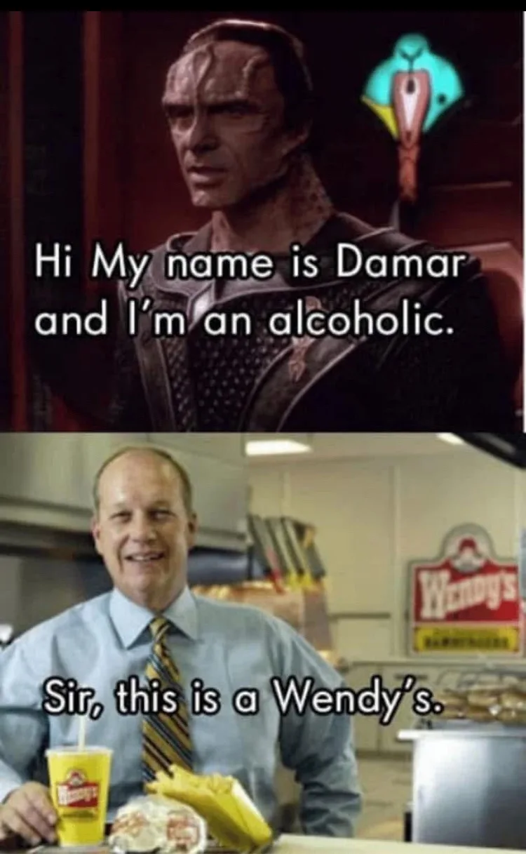 The top panel shows a Star Trek character, Damar, with overlaid text saying 'Hi My name is Damar and I'm an alcoholic.' The…