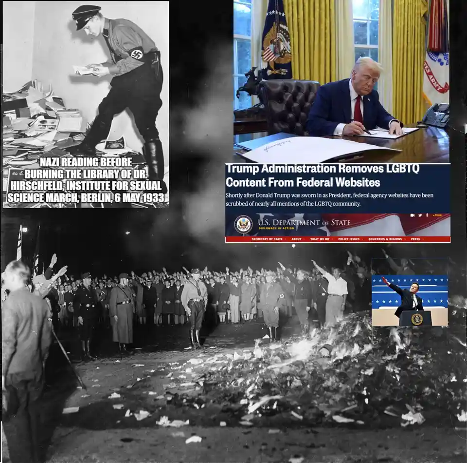 This composite image juxtaposes a historical black-and-white photo of a Nazi officer reading books before the 1933 book…