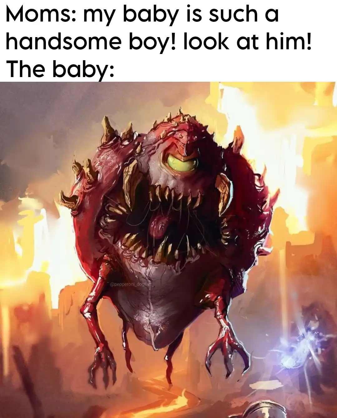 The image shows a grotesque, monstrous baby creature with a single glowing green eye, sharp teeth, and spiky red skin…