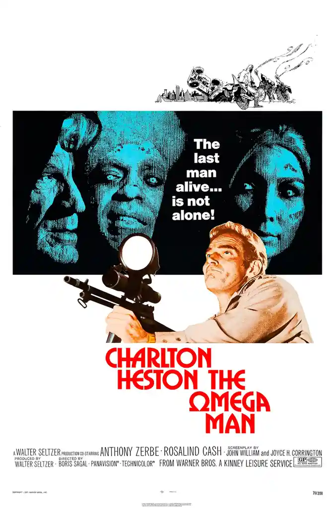 This is a movie poster for 'The Omega Man' starring Charlton Heston, featuring a man holding a rifle while three ghostly…