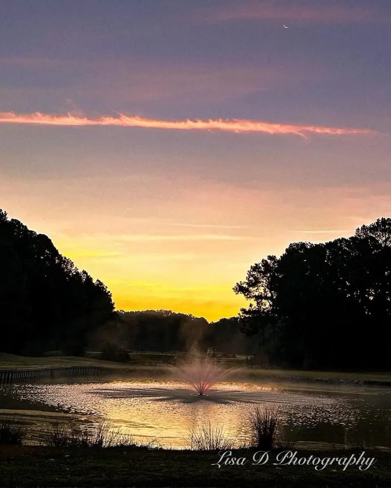 A serene sunset photo of a pond with a fountain, framed by trees, with a crescent moon visible in the purple and orange sky…