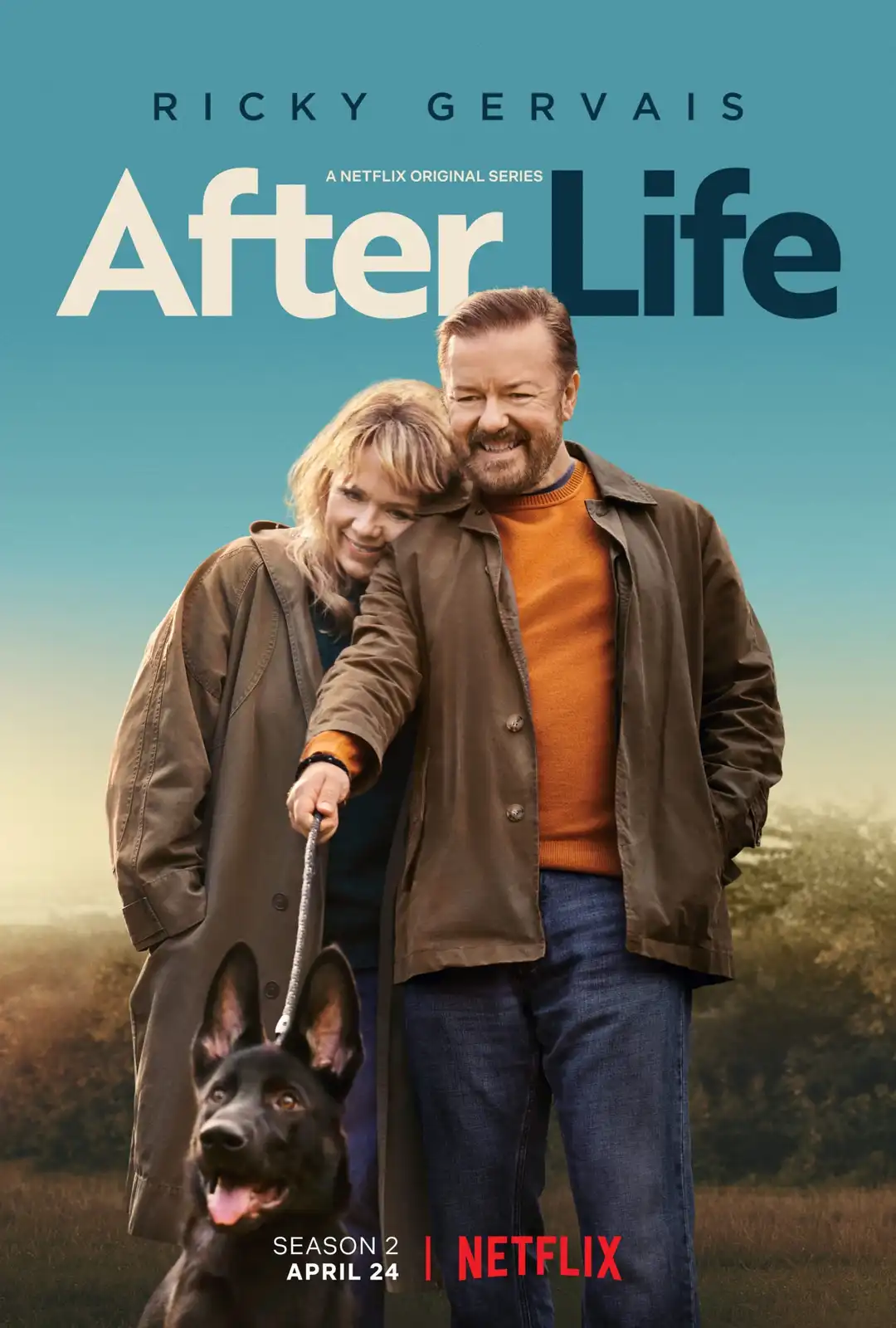 A promotional poster for the Netflix series 'After Life' starring Ricky Gervais, showing him smiling with a woman and a…