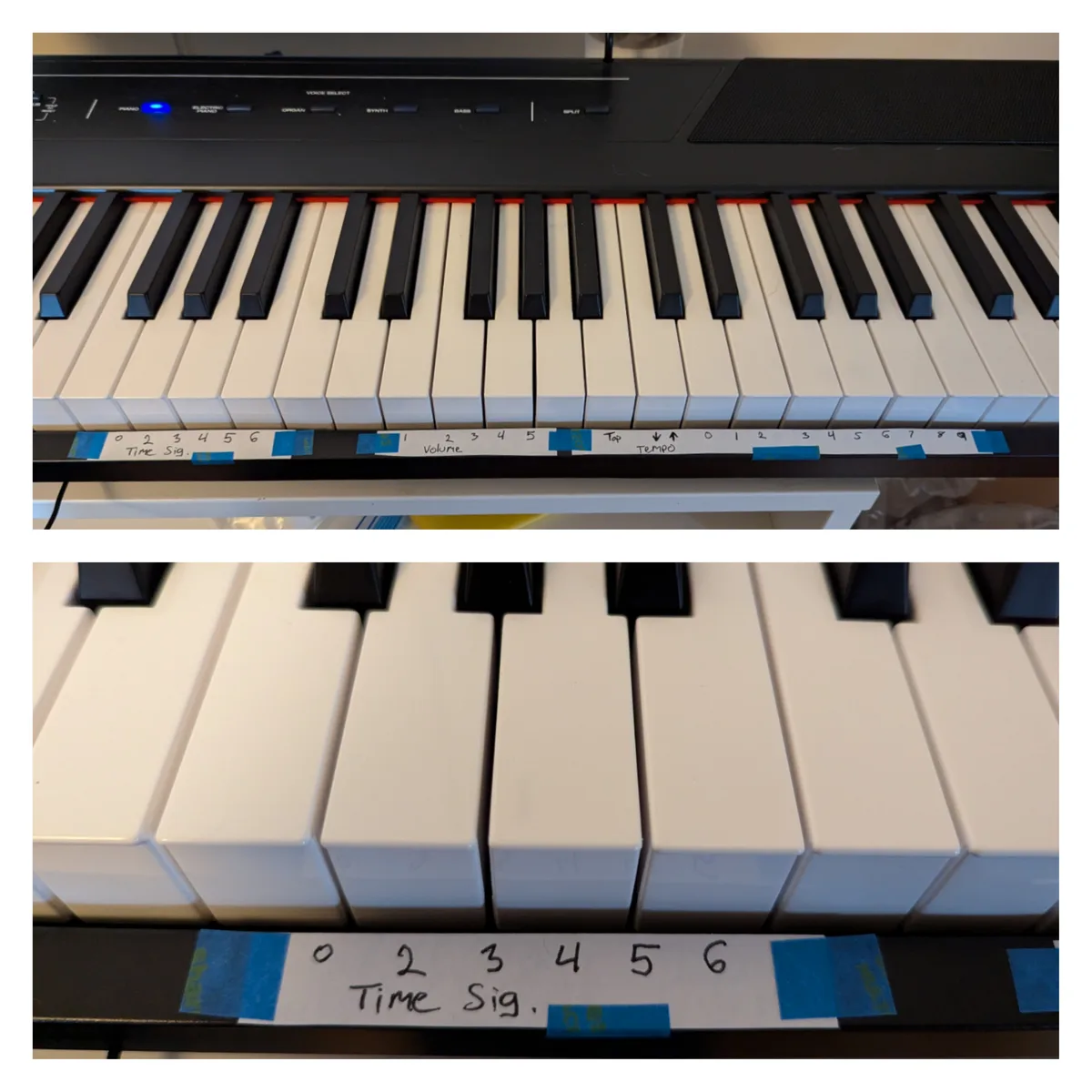 Two images show a keyboard with a white strip taped below the keys, labeled with numbers and musical terms like 'Time Sig.'…