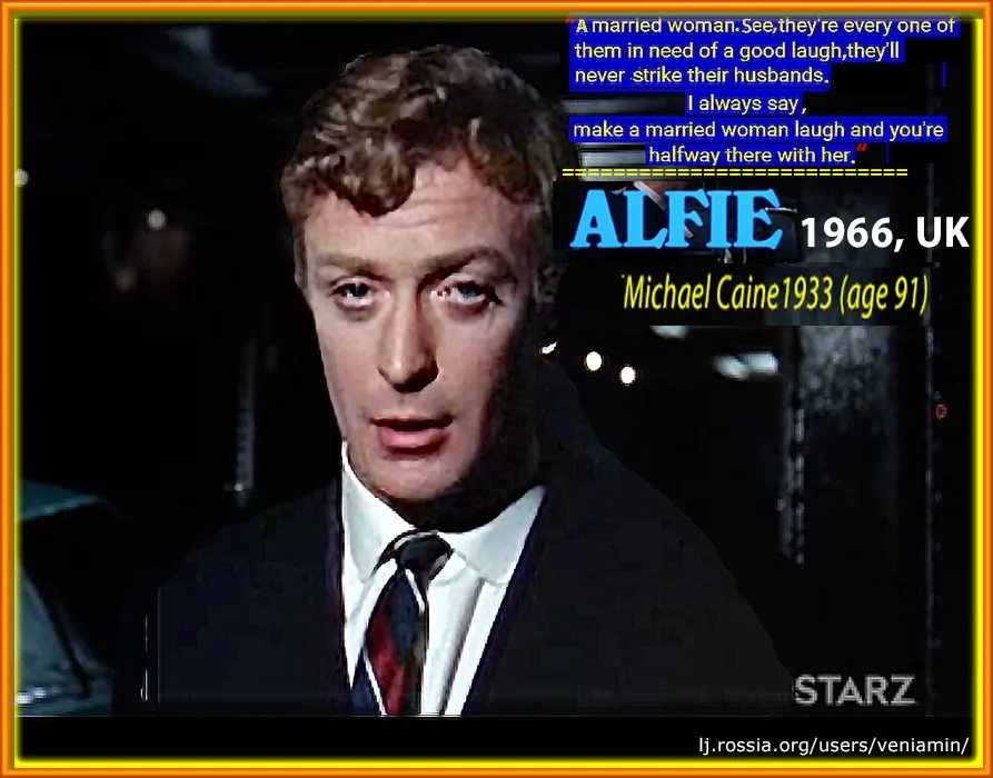 A still from the 1966 UK film 'Alfie' featuring actor Michael Caine, who is shown in a suit and tie with a serious…