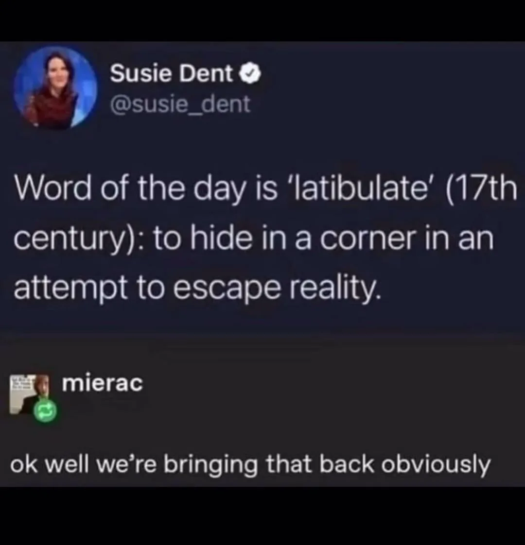 A screenshot of a Twitter thread shows Susie Dent tweeting the word of the day 'latibulate', defined as 'to hide in a corner…