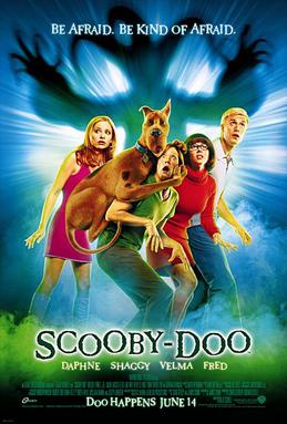 A movie poster for 'Scooby-Doo' shows the main characters—Daphne, Shaggy, Velma, Fred, and Scooby-Doo—looking terrified as…