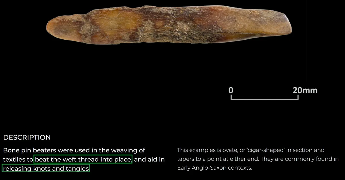 The image displays a small, elongated bone tool against a black background, with a 20mm scale bar. Text describes it as a…