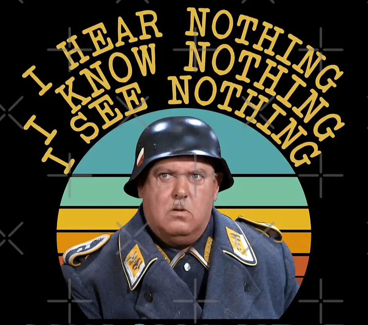 A man in a military uniform and helmet stares intensely at the viewer, framed by a retro sunset gradient. Yellow text in a…