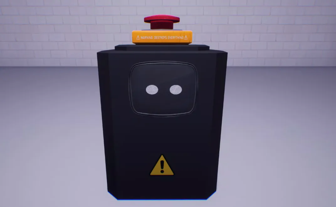 A black, blocky robot with two white circular eyes and a yellow warning triangle on its chest stands against a white brick…