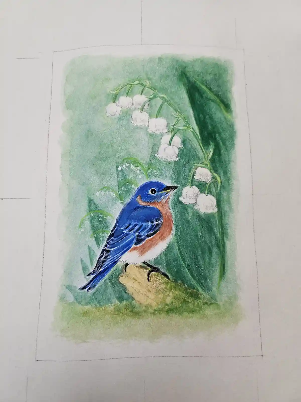 A watercolor painting of a blue bird with an orange chest perched on a rock, surrounded by green foliage and white lily of…