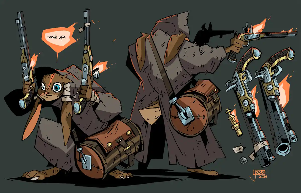 An anthropomorphic rabbit in tattered brown robes kneels, holding two smoking flintlock pistols, with a speech bubble saying…