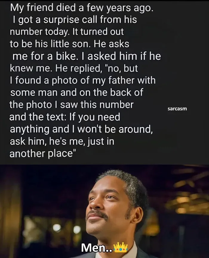 The image shows a man in a suit looking upward with a knowing, slightly amused expression. Overlaid text tells a story about…