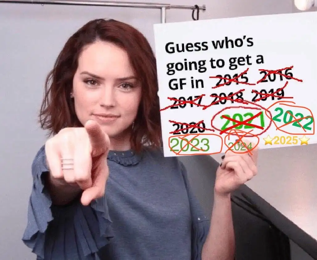A woman with short brown hair, wearing a blue top, points directly at the viewer while holding a white sign. The sign lists…