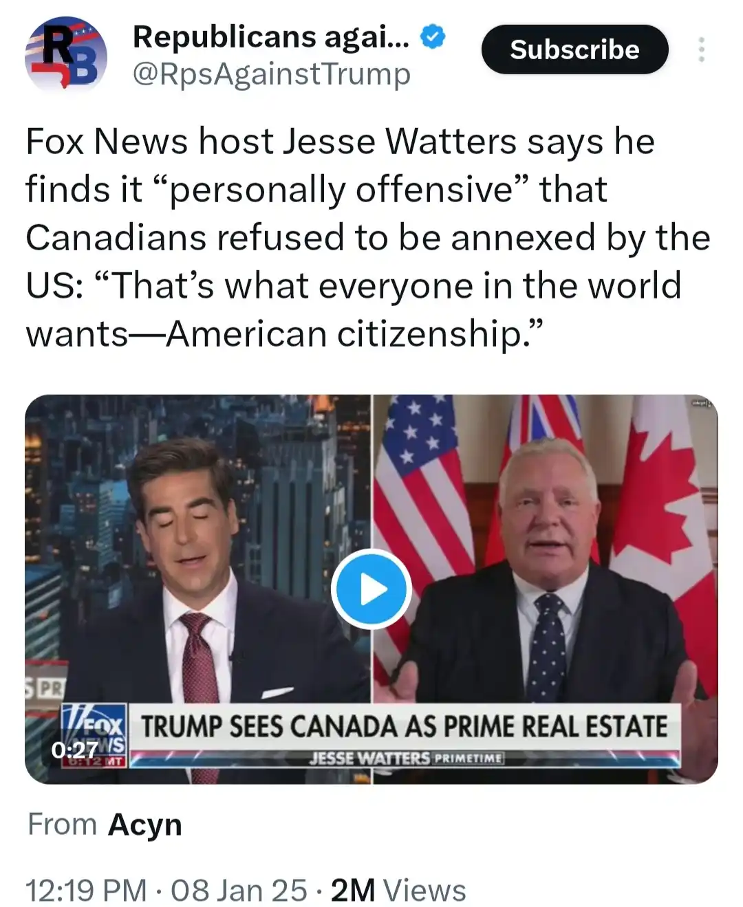 A screenshot of a YouTube video thumbnail shows Fox News host Jesse Watters on the left and an older man on the right, with…