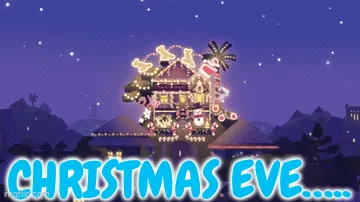 Six identical panels show a pixelated, brightly lit Christmas house decorated with lights, a Santa hat, and reindeer figures…