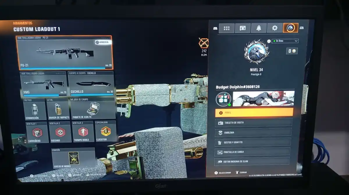 A screenshot of a video game's custom loadout menu, showing a heavily customized weapon with a diamond-encrusted, grey…