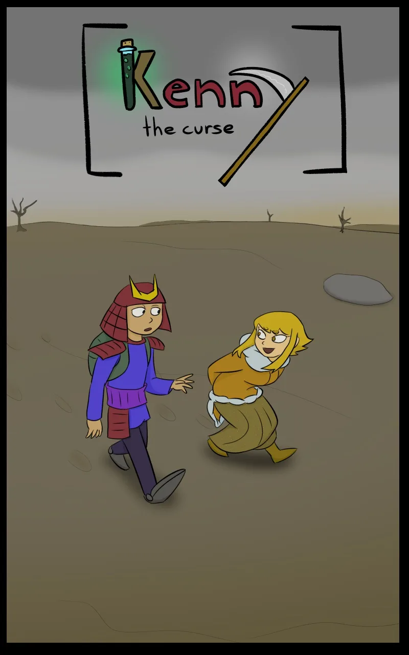 A cartoon image shows two characters walking across a barren, desert-like landscape under a gray sky. One character, wearing…