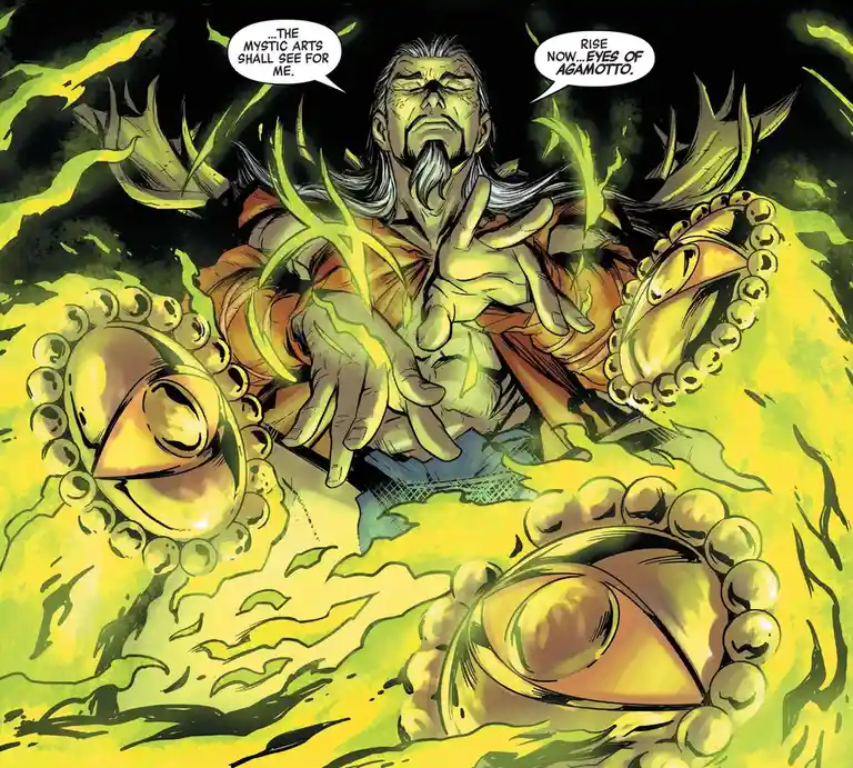 A comic book panel shows a man with long white hair and beard, surrounded by green mystical energy, summoning two large…