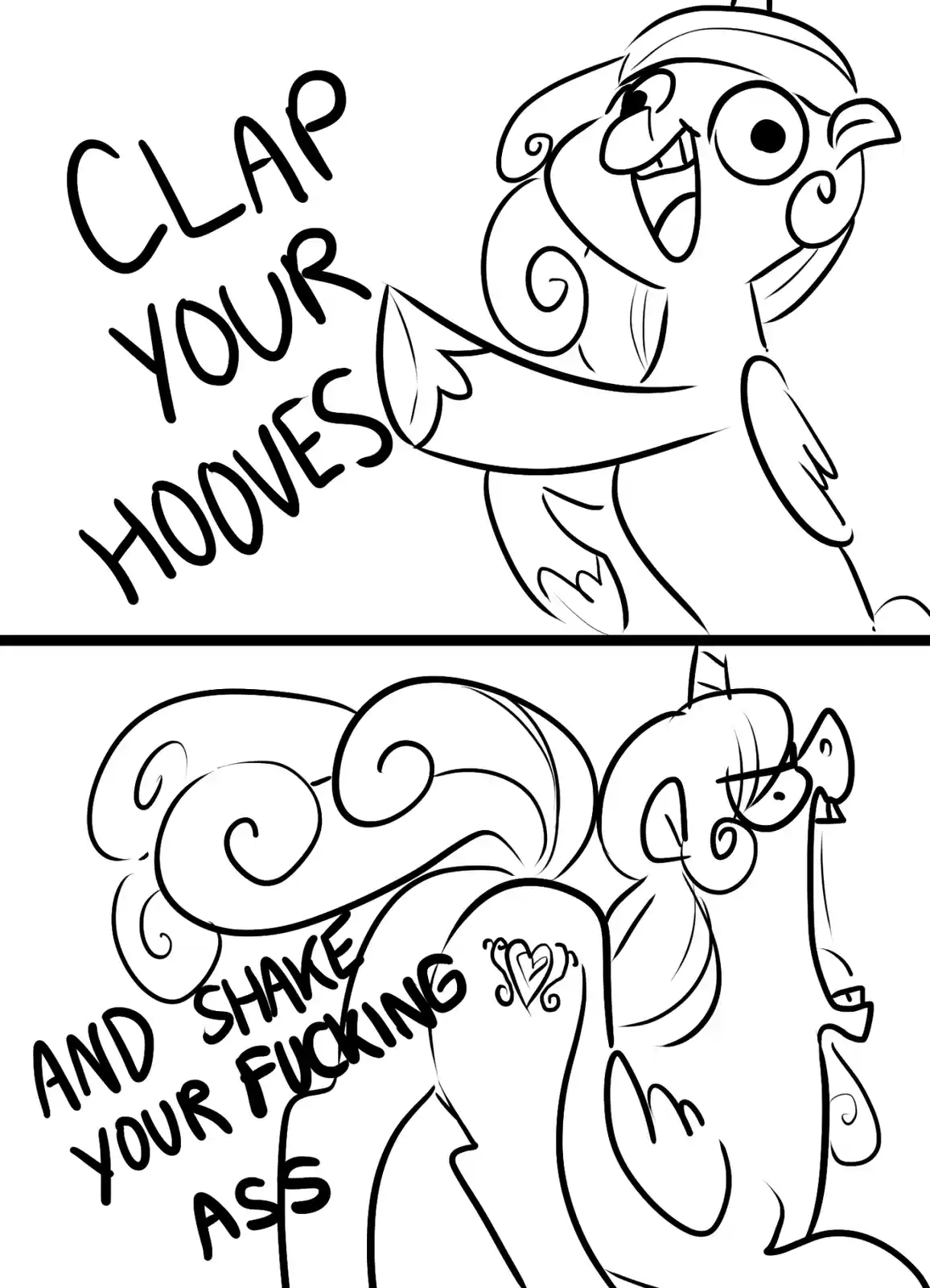 A two-panel black-and-white cartoon. Top panel: a cheerful, anthropomorphic pony with a hat and wide grin gestures excitedly…