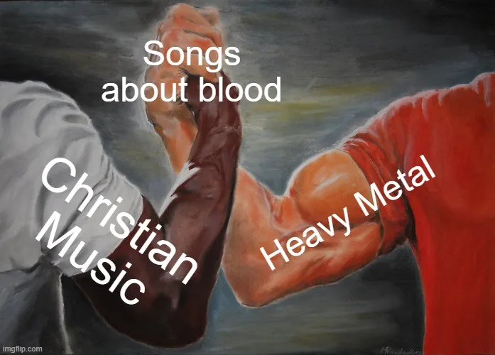 Two muscular arms locked in an arm-wrestling match, one wearing a white shirt labeled 'Christian Music' and the other in red…