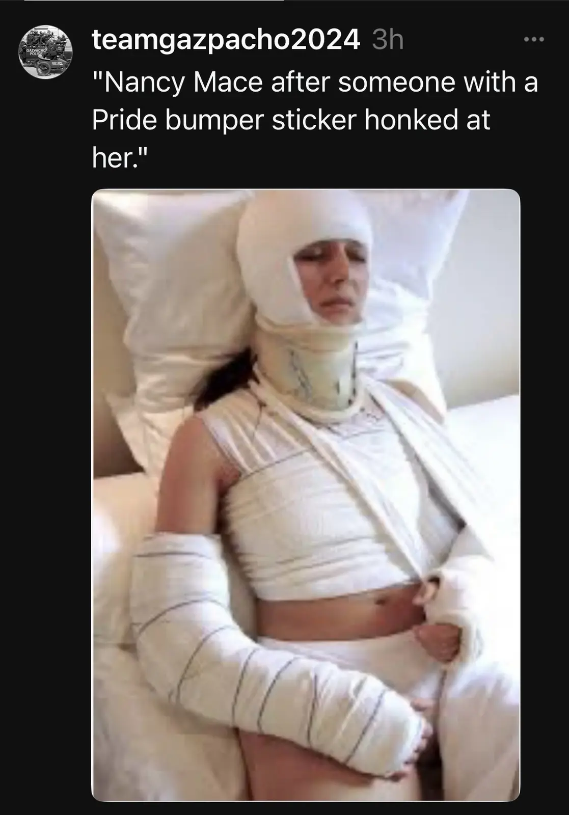 A person is lying in bed, heavily bandaged from head to toe, with a neck brace, suggesting severe injury. The overlaid text…