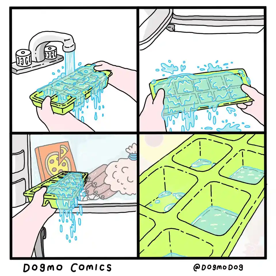 A four-panel comic shows hands washing a green ice cube tray under a faucet, shaking it to remove water, pouring the water…