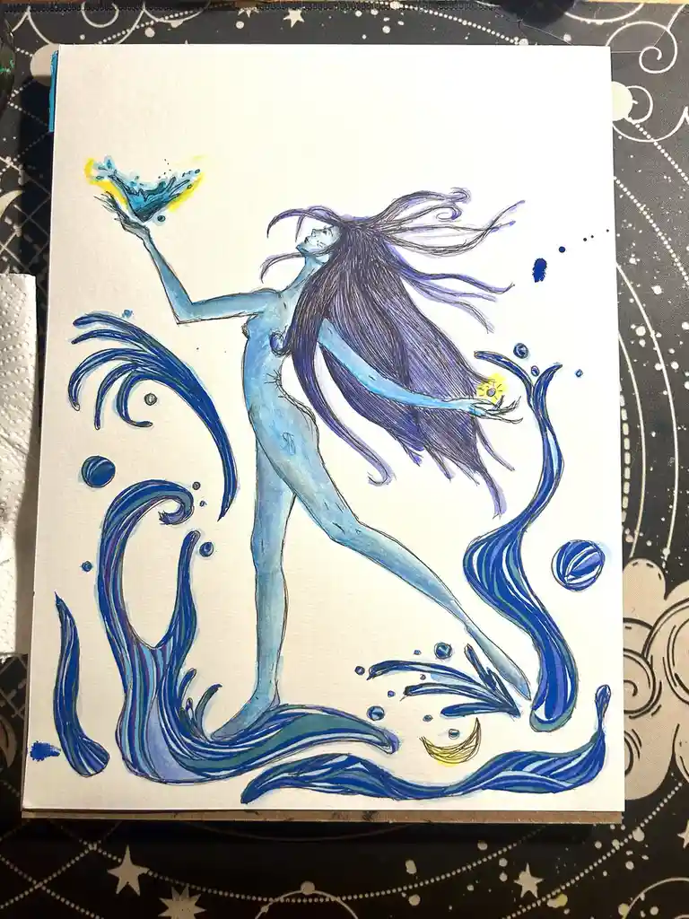 A hand-drawn illustration depicts a blue-skinned, long-haired humanoid figure with flowing water-like limbs and waves…