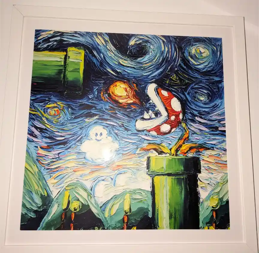 a framed painting imitates vincent van gogh's 'the starry night' but replaces the moon with a red-and-white mushroom from…