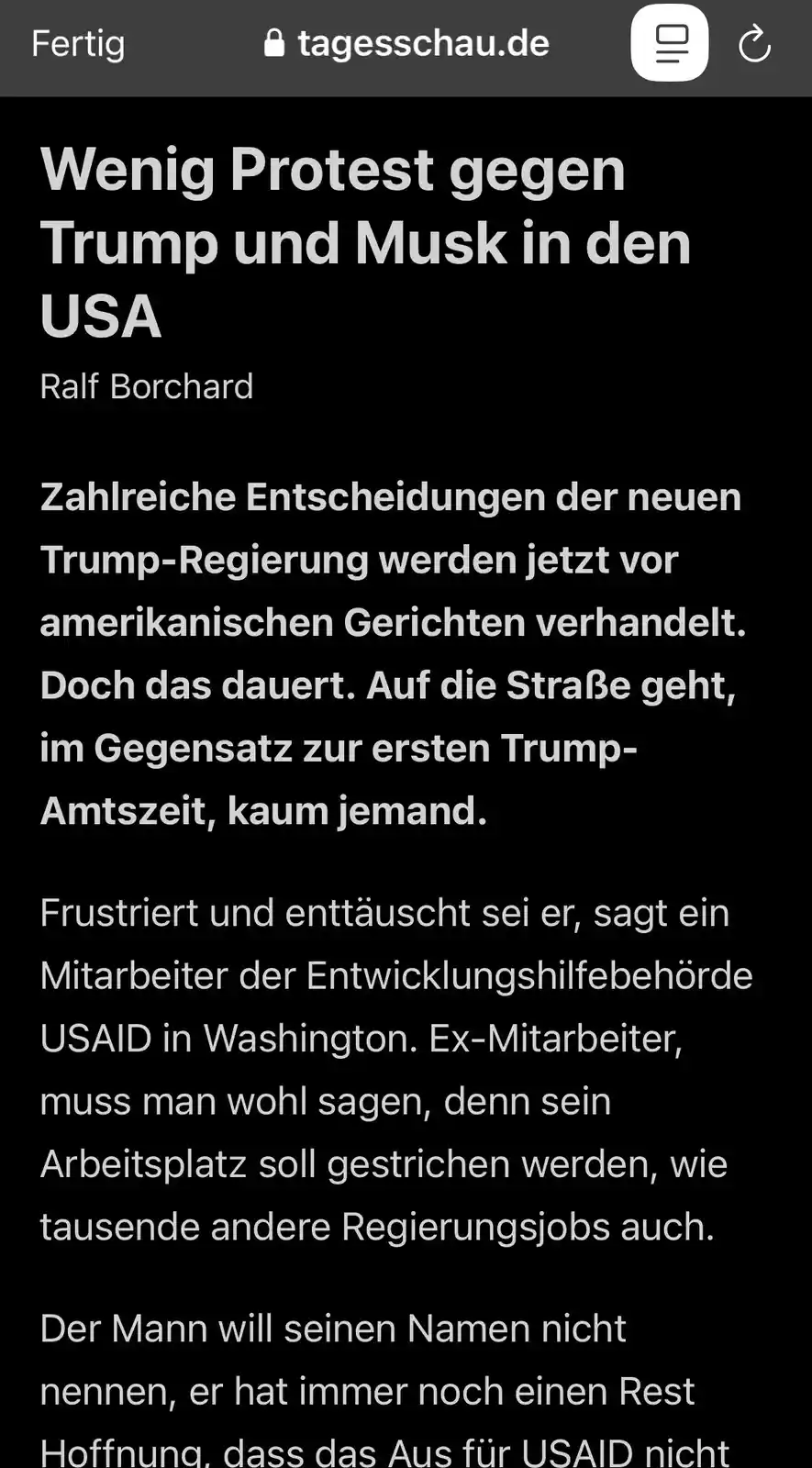 A screenshot of a German news article from tagesschau.de with white text on a black background. The headline reads 'Wenig…