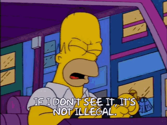 The image is a six-panel comic strip from The Simpsons, showing Homer Simpson repeatedly saying 'if i don't see it, it's not…