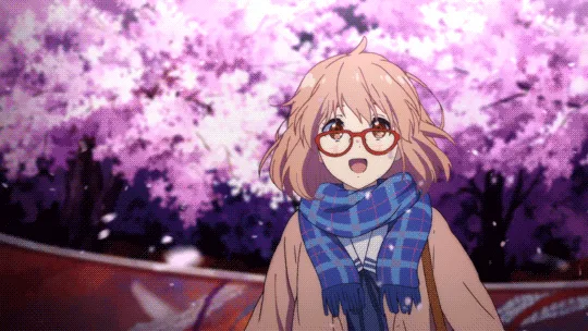 A six-panel anime GIF shows a young woman with short brown hair, red glasses, and a blue plaid scarf standing under a cherry…