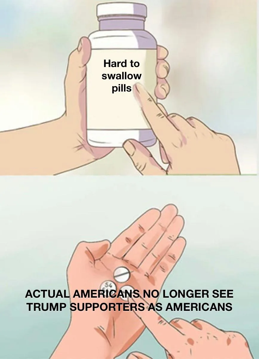 The top panel shows a hand holding a pill bottle labeled 'Hard to swallow pills' while another hand points at it. The bottom…