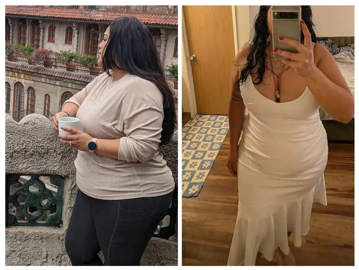Two side-by-side photos show a woman in casual clothes on a balcony and then in a form-fitting white dress taking a mirror…
