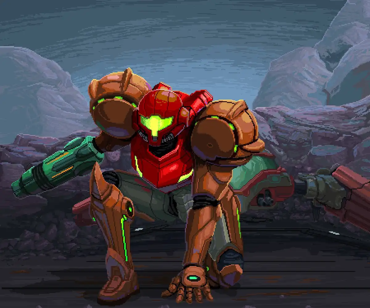 A pixel-art image of Samus Aran from Metroid, kneeling on one knee in her iconic red and brown Power Suit with glowing green…