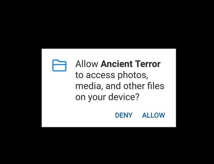 A screenshot of a mobile device permission request dialog box, featuring a blue folder icon, asking to allow an app named…