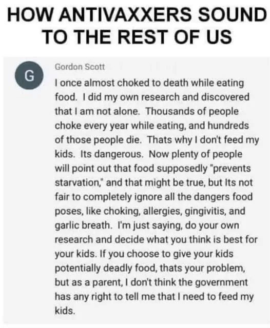 A screenshot of a Reddit comment by user Gordon Scott, overlaid with the bold text 'HOW ANTIVAXXERS SOUND TO THE REST OF…