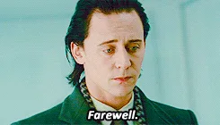 Six identical frames show Tom Hiddleston as Loki, each with the word 'Farewell.' overlaid. His expression subtly shifts from…