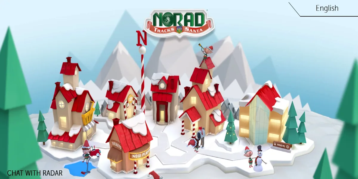 A colorful, cartoonish 3D-rendered winter scene depicts a snowy village with red-roofed buildings, snow-covered trees, and…