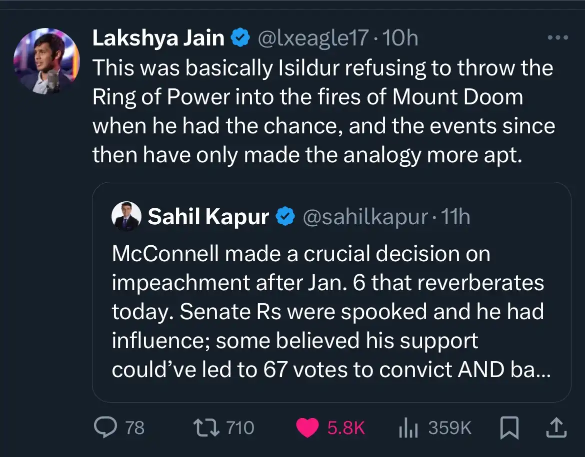 A screenshot of a Twitter thread shows user Sahil Kapur's tweet about McConnell's impeachment decision being cut off with…