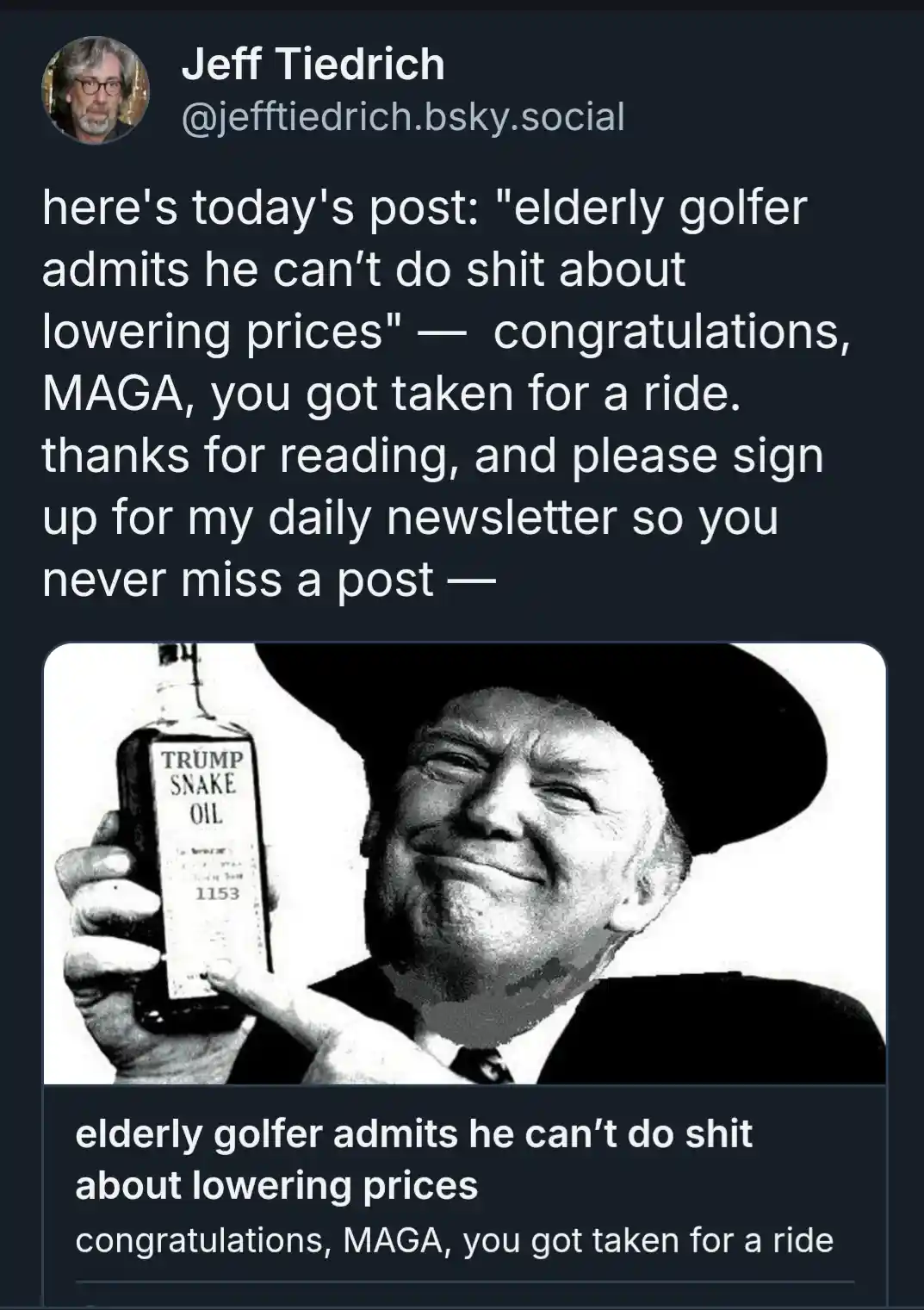 A black-and-white image shows Donald Trump smiling while holding a bottle labeled 'TRUMP SNAKE OIL'. The image is overlaid…