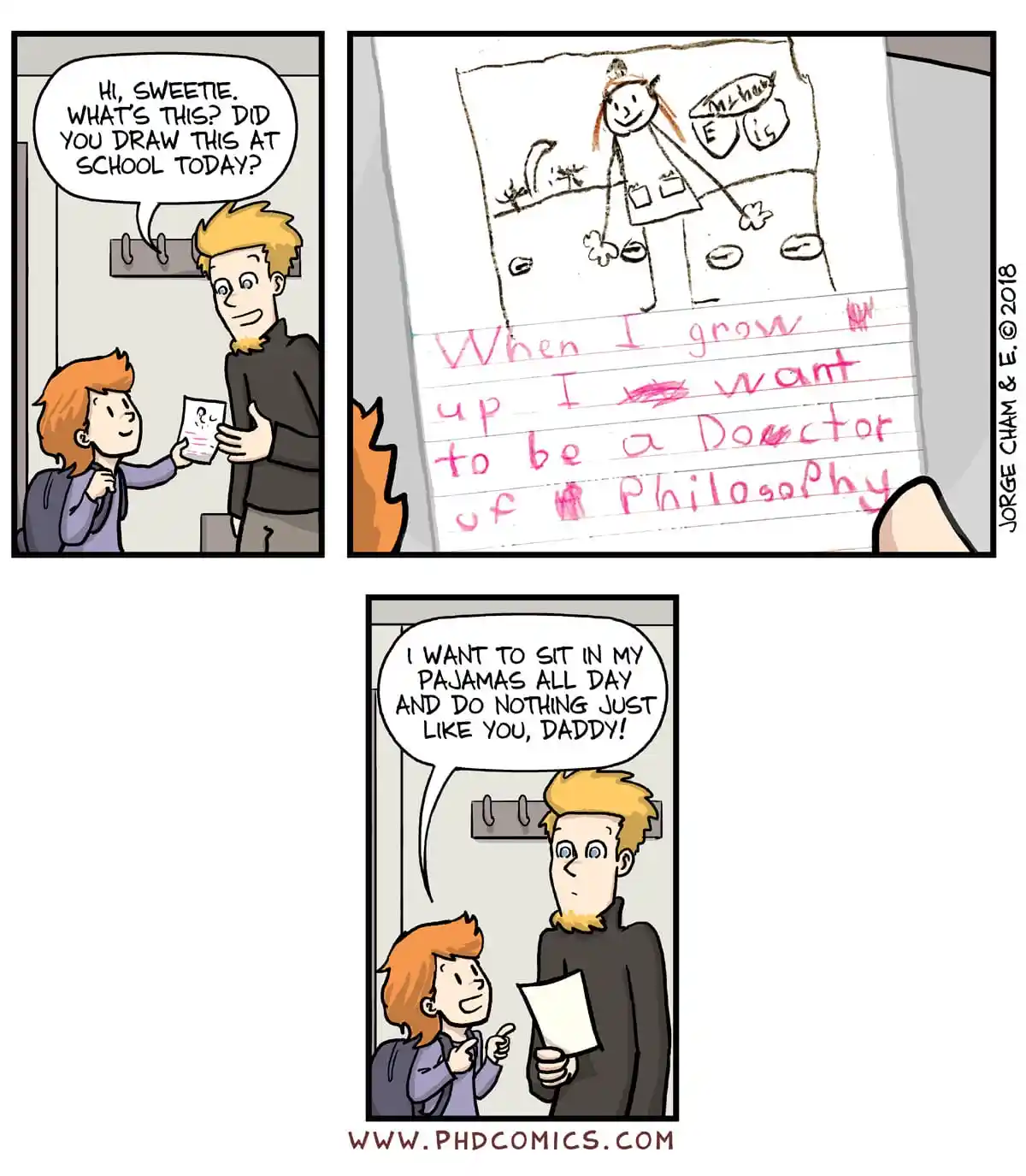 A three-panel comic shows a child showing their parent a drawing and handwritten note. The note reads 'When I grow up I want…