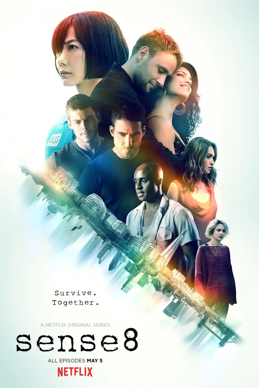 The image is a promotional poster for the Netflix series 'Sense8,' featuring eight diverse characters arranged in a layered…