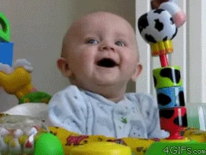 A baby in a playpen is shown in six frames, transitioning from a wide smile to a progressively shocked and wide-eyed…