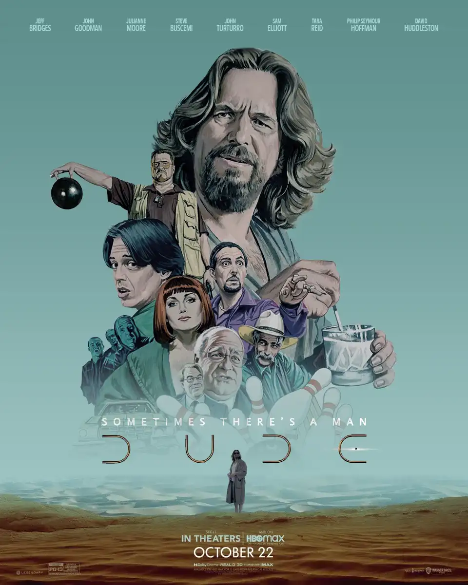 A stylized movie poster for 'Dude' features a large central portrait of Jeff Bridges holding a bowling ball and a drink…