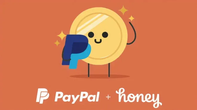 A cartoon gold coin with a smiling face and stick legs holds a blue PayPal logo in front of its body. Sparkles float around…
