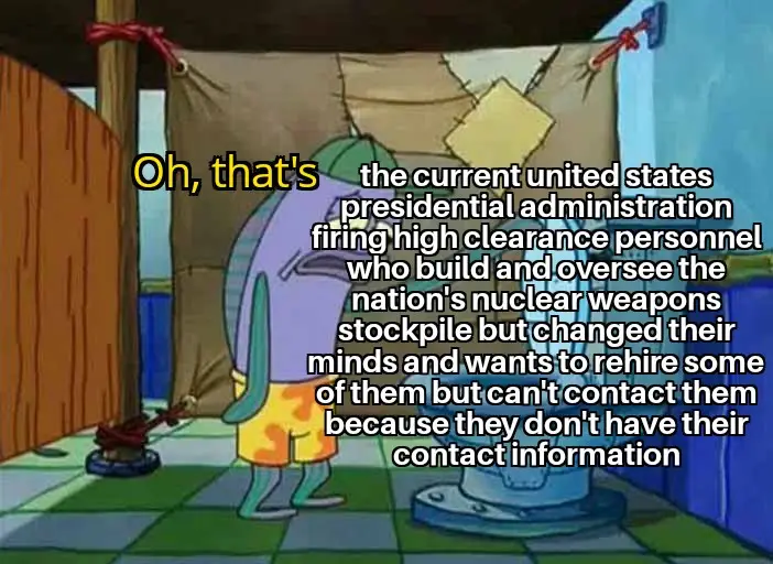 A cartoon character from SpongeBob SquarePants, seen from behind, stands in a room with a patched-up curtain. Overlaid text…