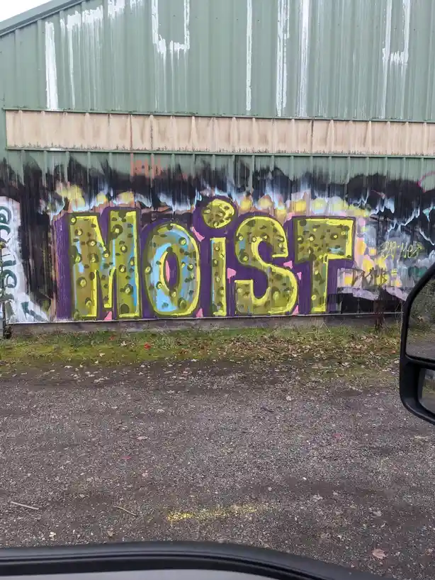 A photo taken from inside a car shows a large, colorful graffiti mural on the side of a corrugated metal building. The word…