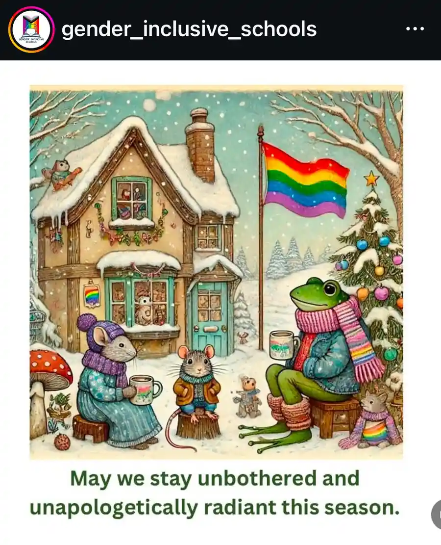A festive winter scene depicts anthropomorphic animals in a snowy village, including a frog in a scarf and coat, mice in…
